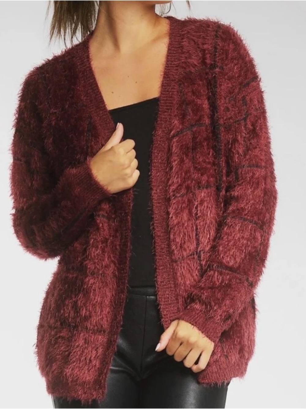 Elan Fuzzy Open-Front Cardigan Sweater in Burgundy